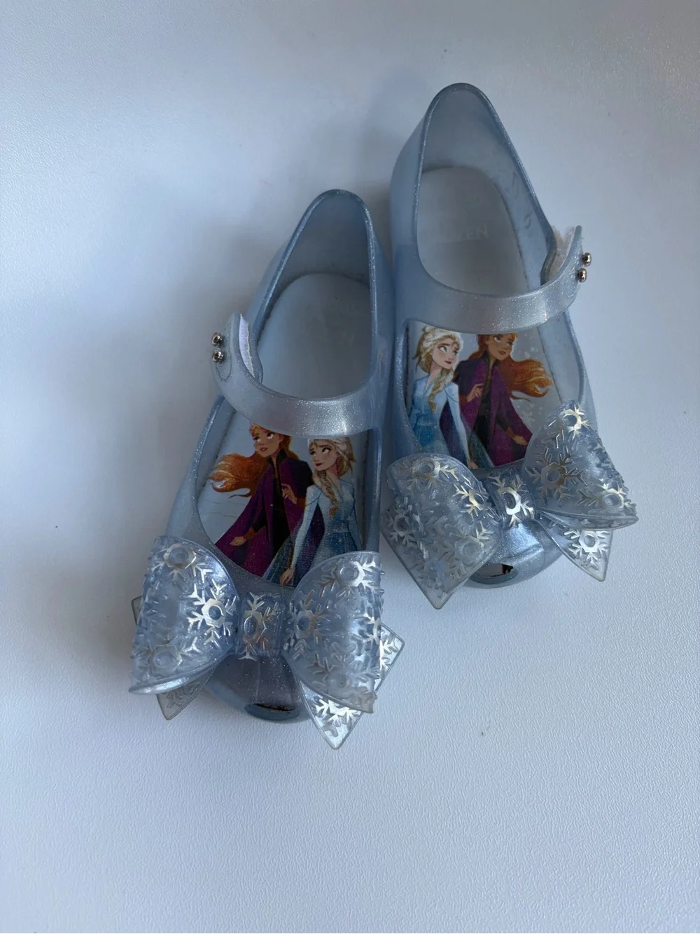 Mini Melissa Size 9 Silver Glitter Mary Jane Shoes with Snowflake Bow - Frozen